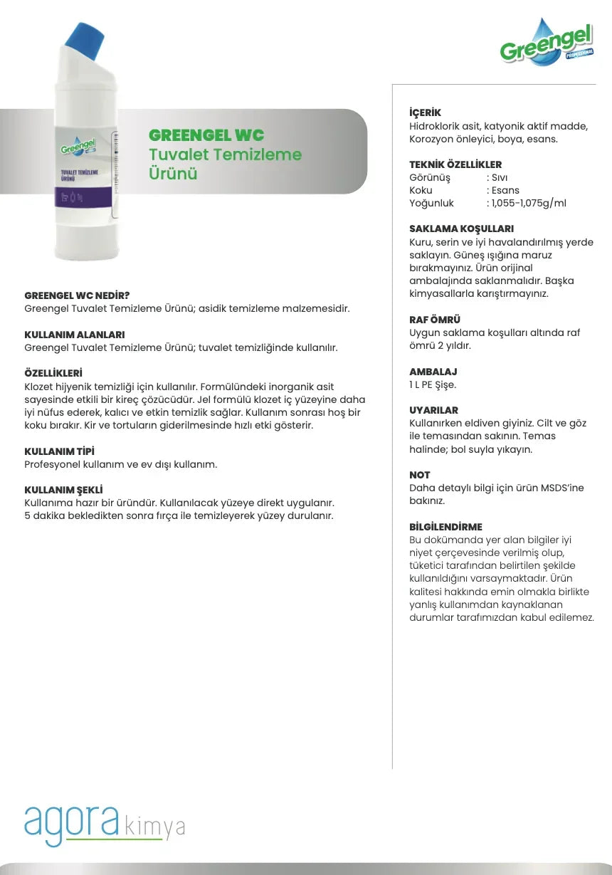 Greengel WC toilet cleaner bottle with usage and safety instructions in Turkish text layout