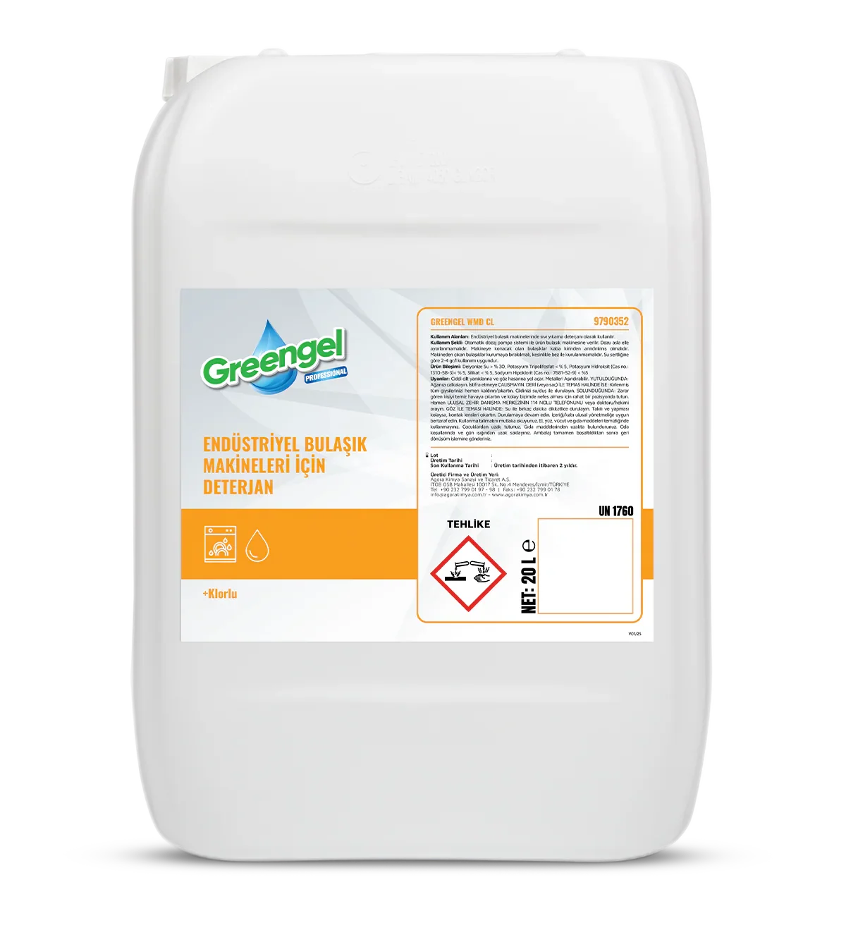 20L Greengel professional detergent for industrial dishwashing machines with chlorine warning label