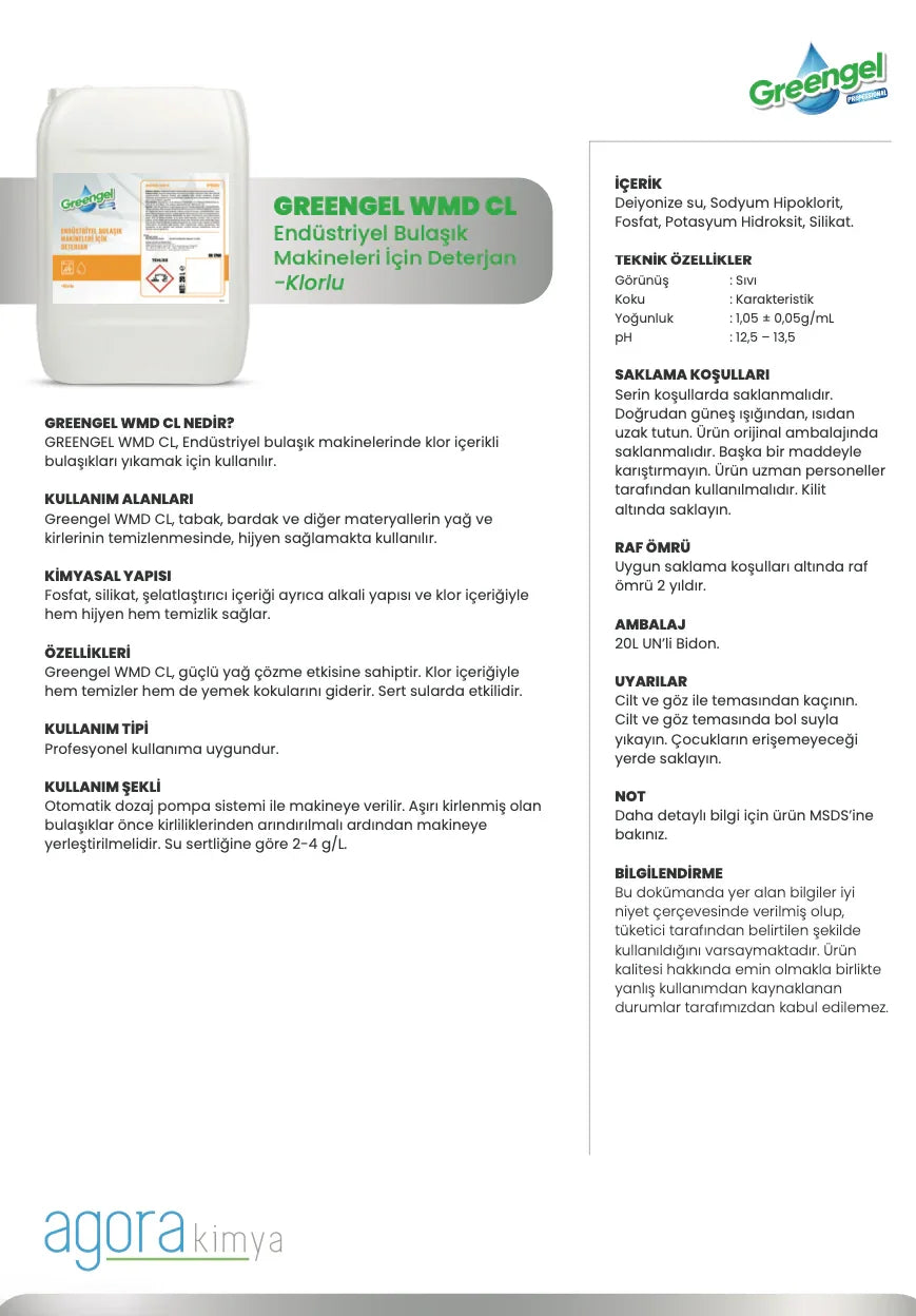 Greengel WMD CL 20L industrial chlorinated dishwashing detergent container with product information in Turkish