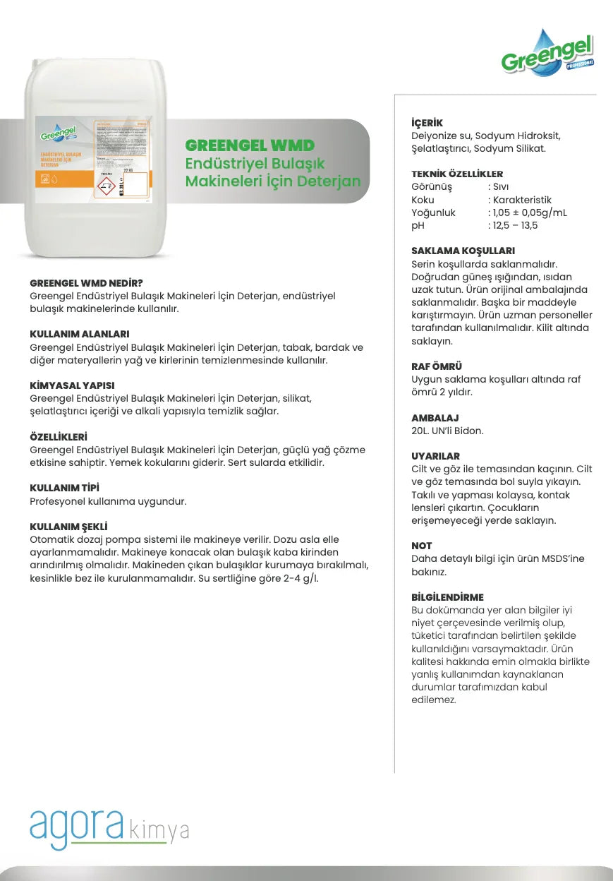 Greengel WMD industrial dishwasher detergent detailed product information sheet in Turkish