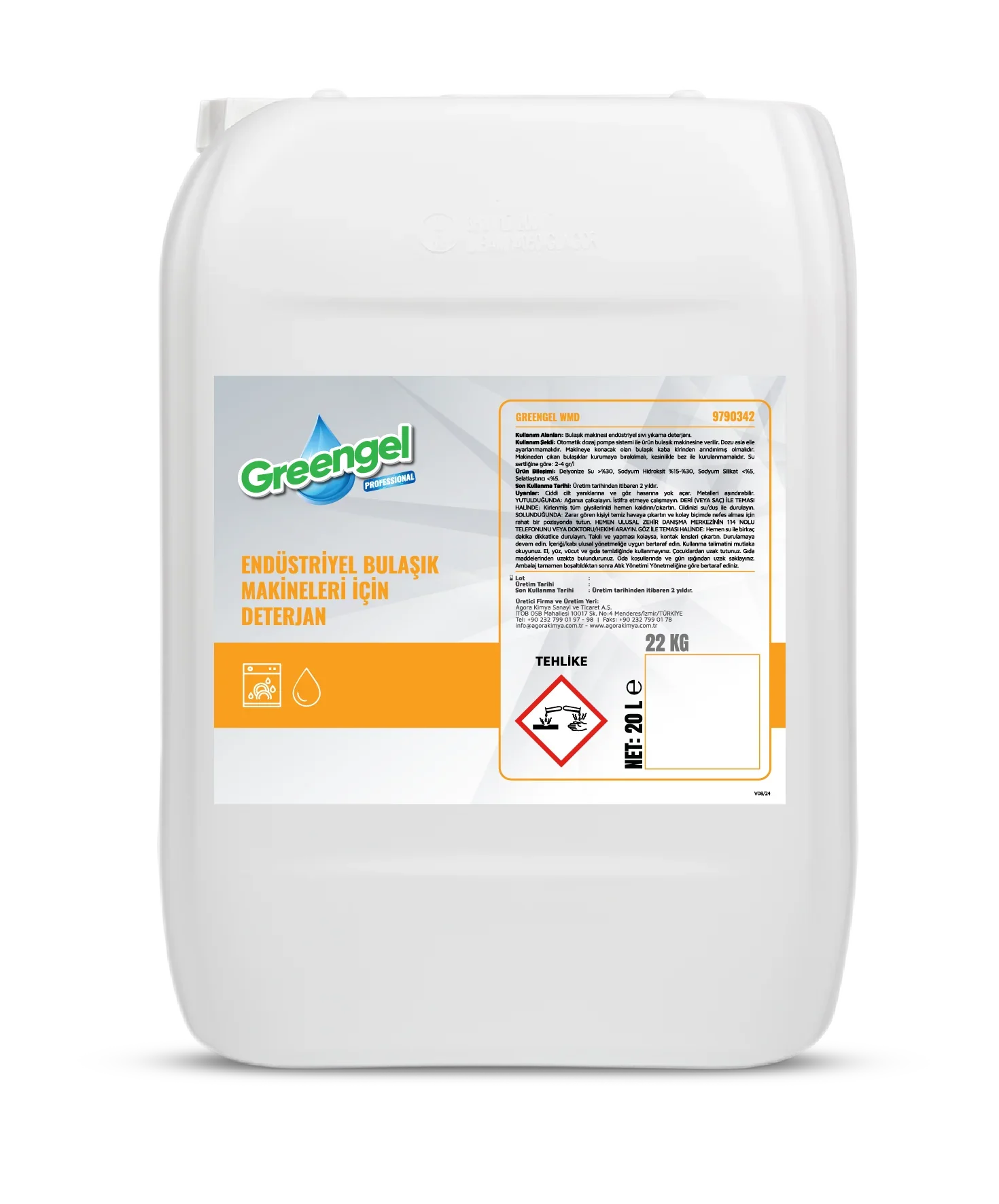 20 liter Greengel industrial dishwasher detergent white container with orange label