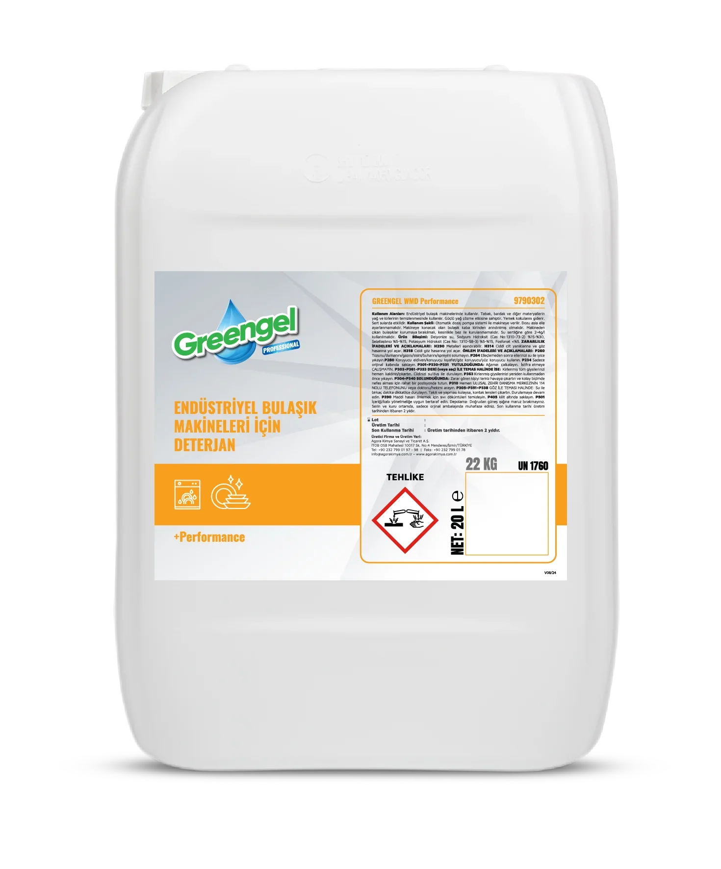 20-liter white container of Greengel industrial dishwasher detergent with orange and blue label