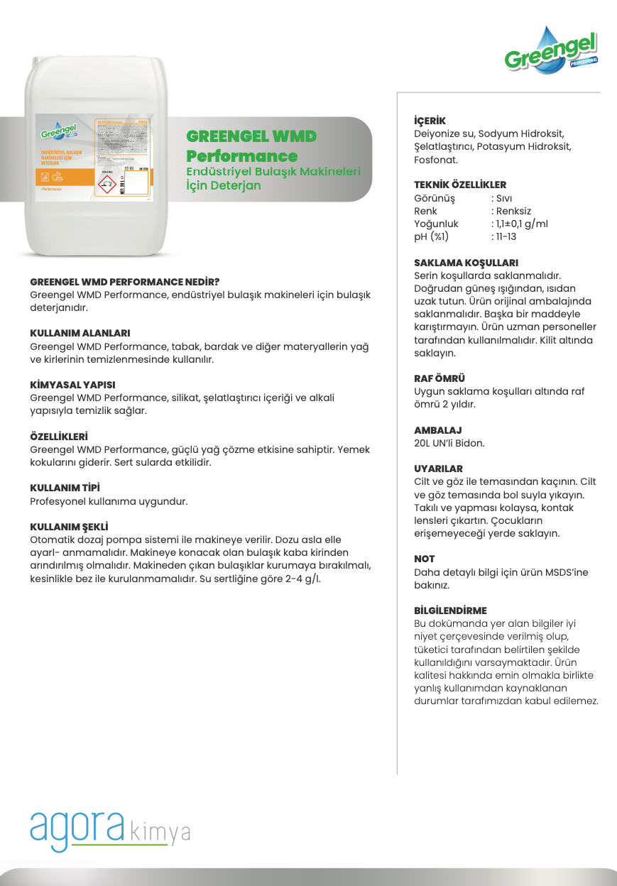 Greengel WMD Performance Endüstriyel Bulaşık Makinesi Deterjan 20L