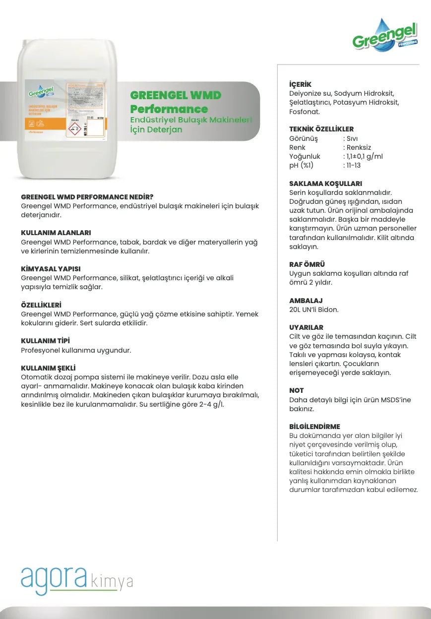Greengel WMD Performance 20L industrial dishwasher detergent container with product information in Turkish