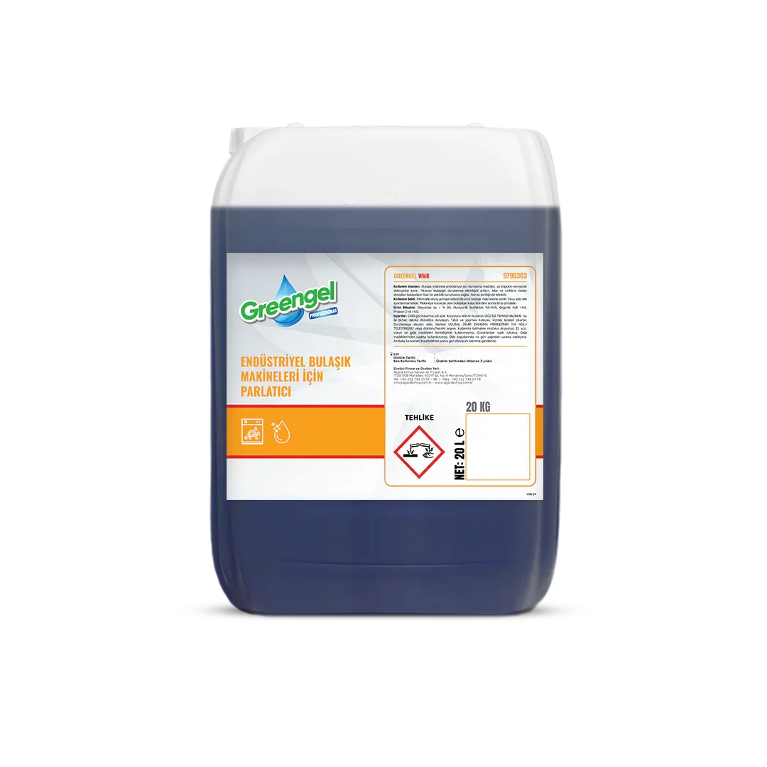 20-liter Greengel professional industrial dishwasher rinse aid container with safety warning label