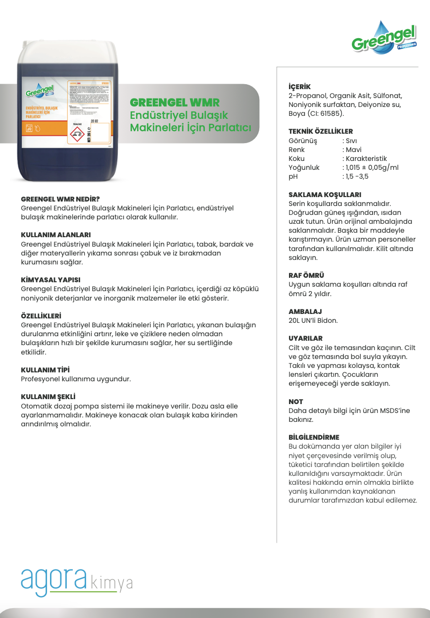 Greengel WMR Endüstriyel Bulaşık Makinesi Parlatıcısı 20L