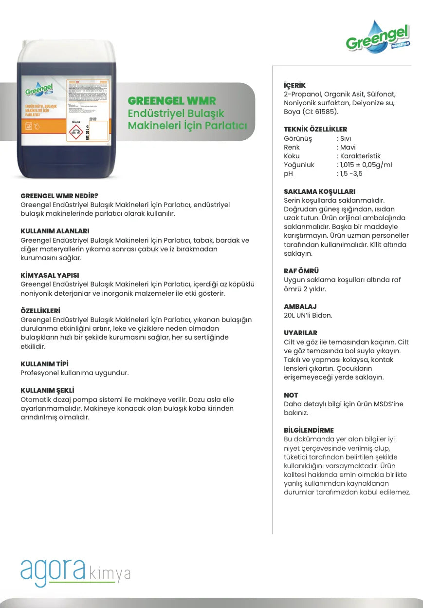 Greengel WMR industrial dishwasher rinse aid container with product details in Turkish text