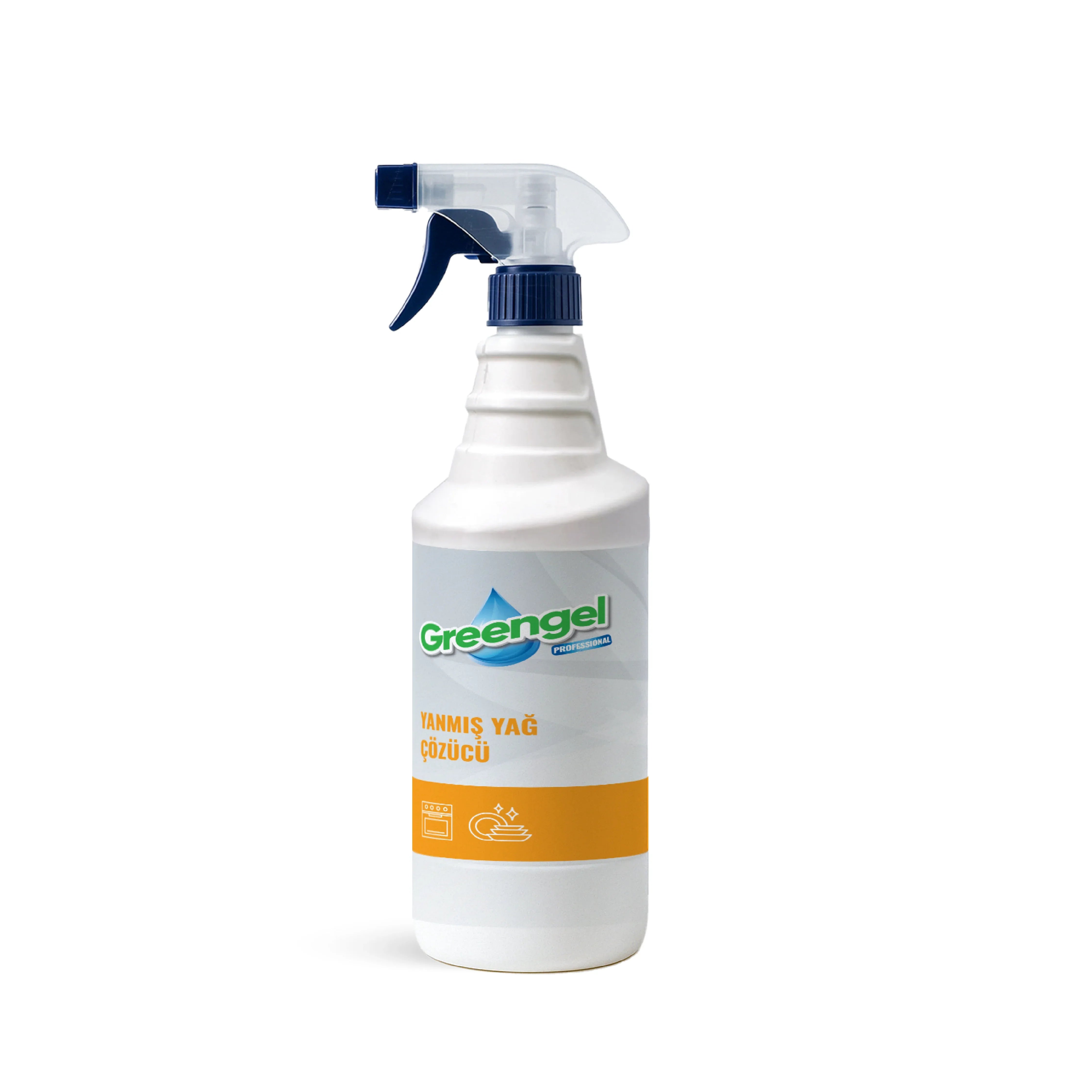 Greengel professional spray bottle for burnt oil remover with orange label and blue trigger