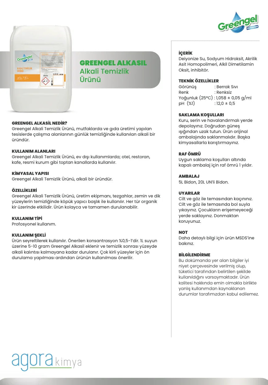 Greengel Alkaline Cleaning Product container with detailed usage and safety instructions in Turkish