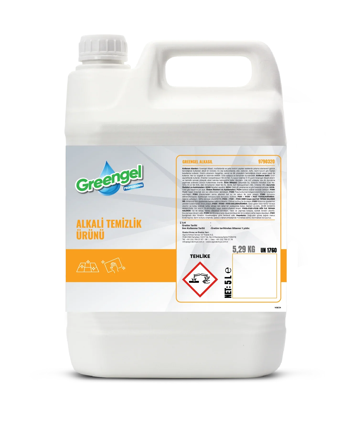 5-liter white plastic container of Greengel professional alkali cleaning product with warning label