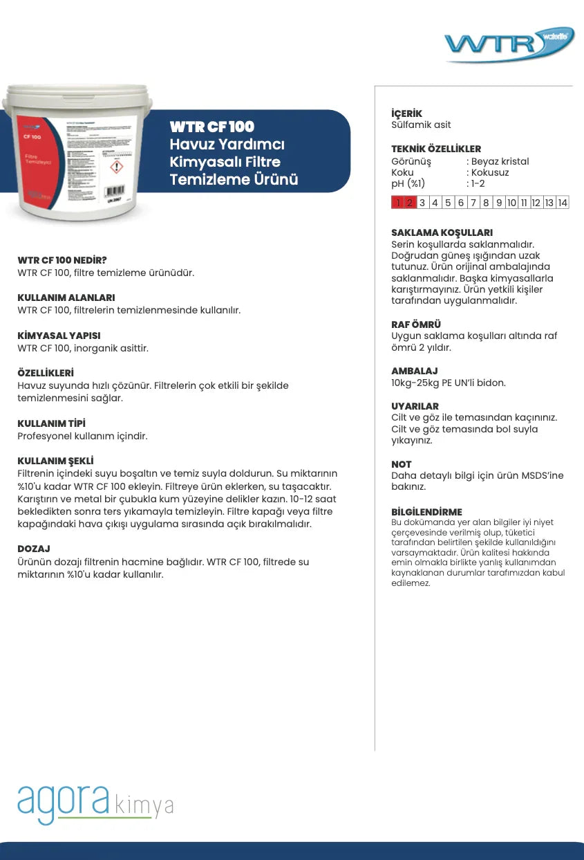 WTR CF 100 pool filter cleaning chemical in white plastic bucket with product details in Turkish