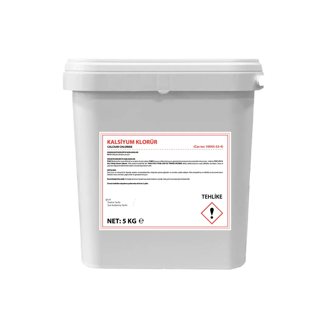 5 kg gray plastic container of calcium chloride with hazard warning label