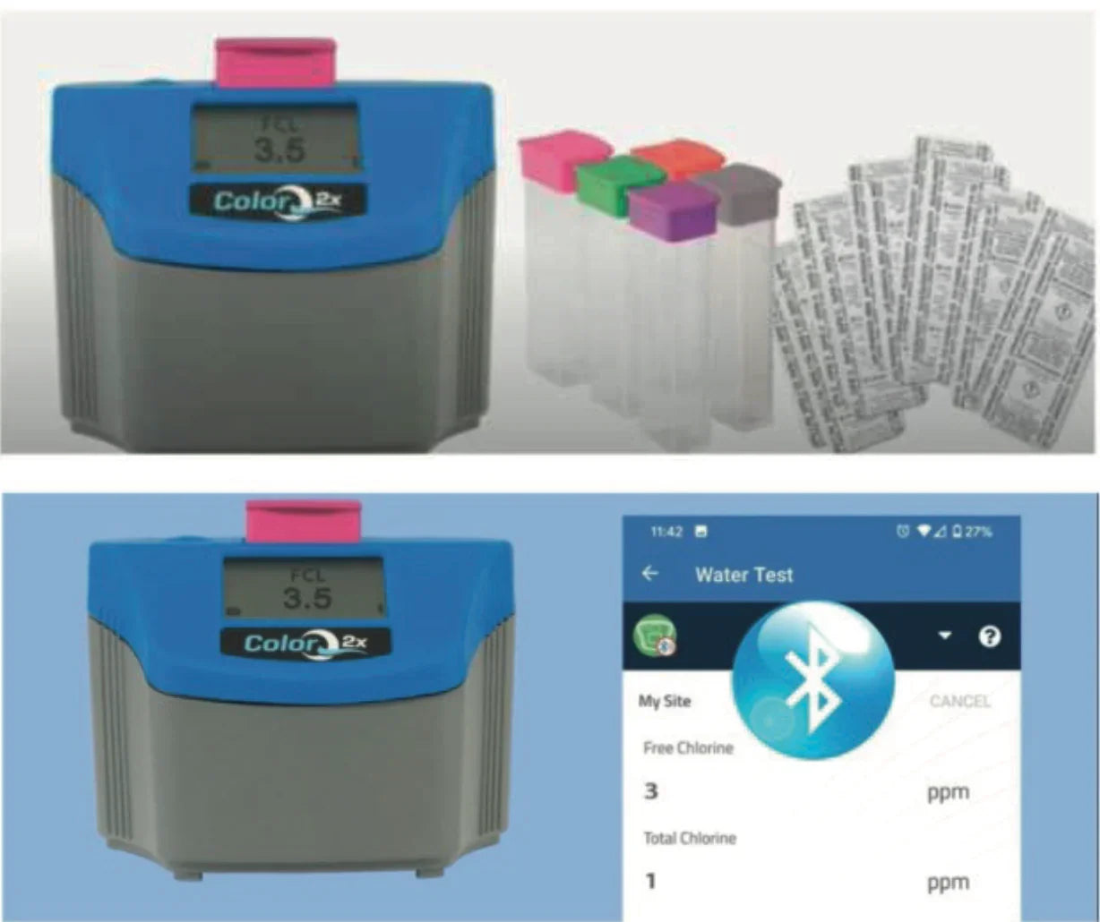 LaMotte ColorQ 2X Pro su test ölçüm cihazı renkli kapaklı test tüpleri ve mobil uygulama ekranı ile