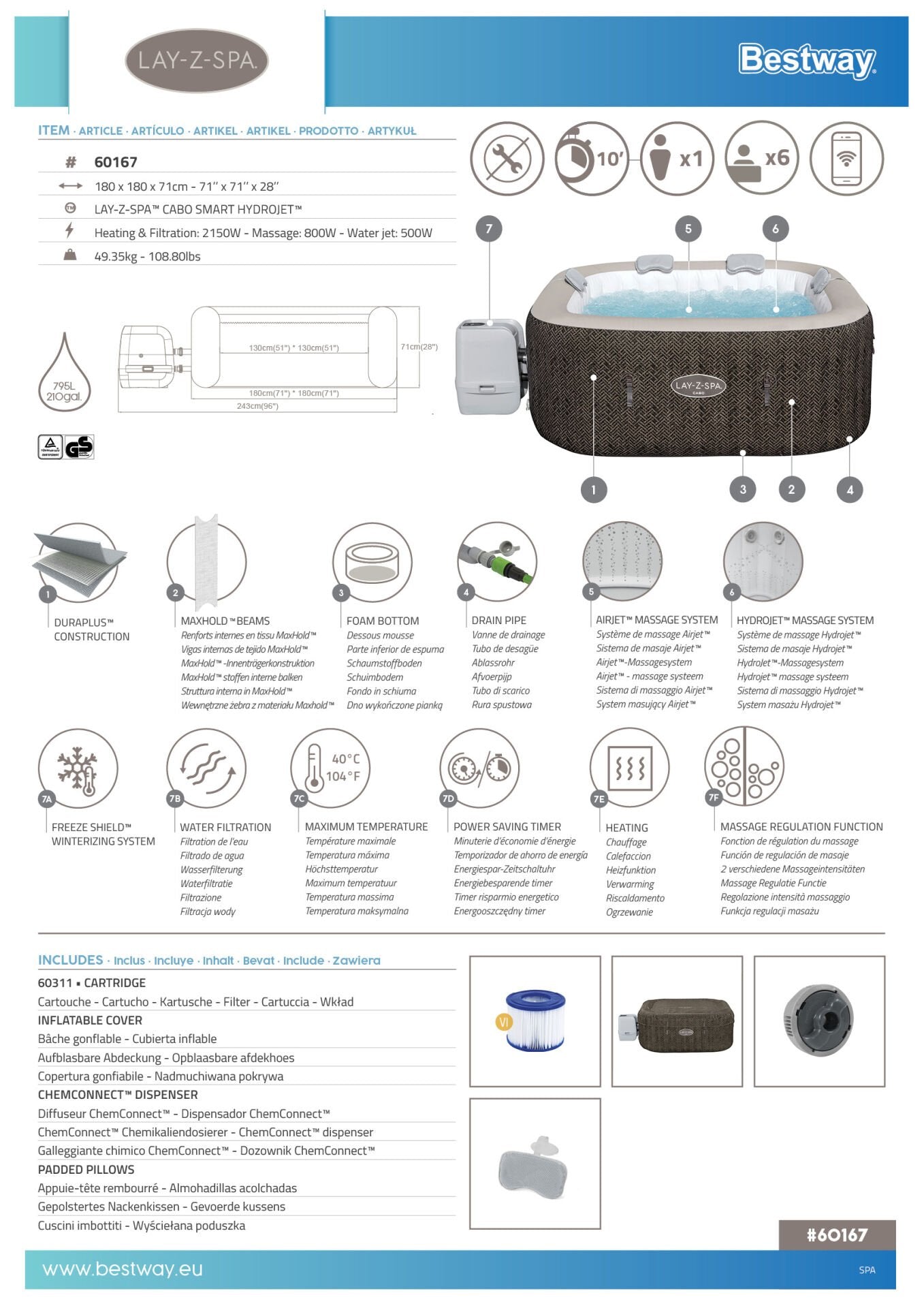 Lay-Z-Spa® 60167 Cabo Smart HydroJet™ Şişme Spa Havuzu, Mobil Uygulama Kontrollü, 4-6 kişilik