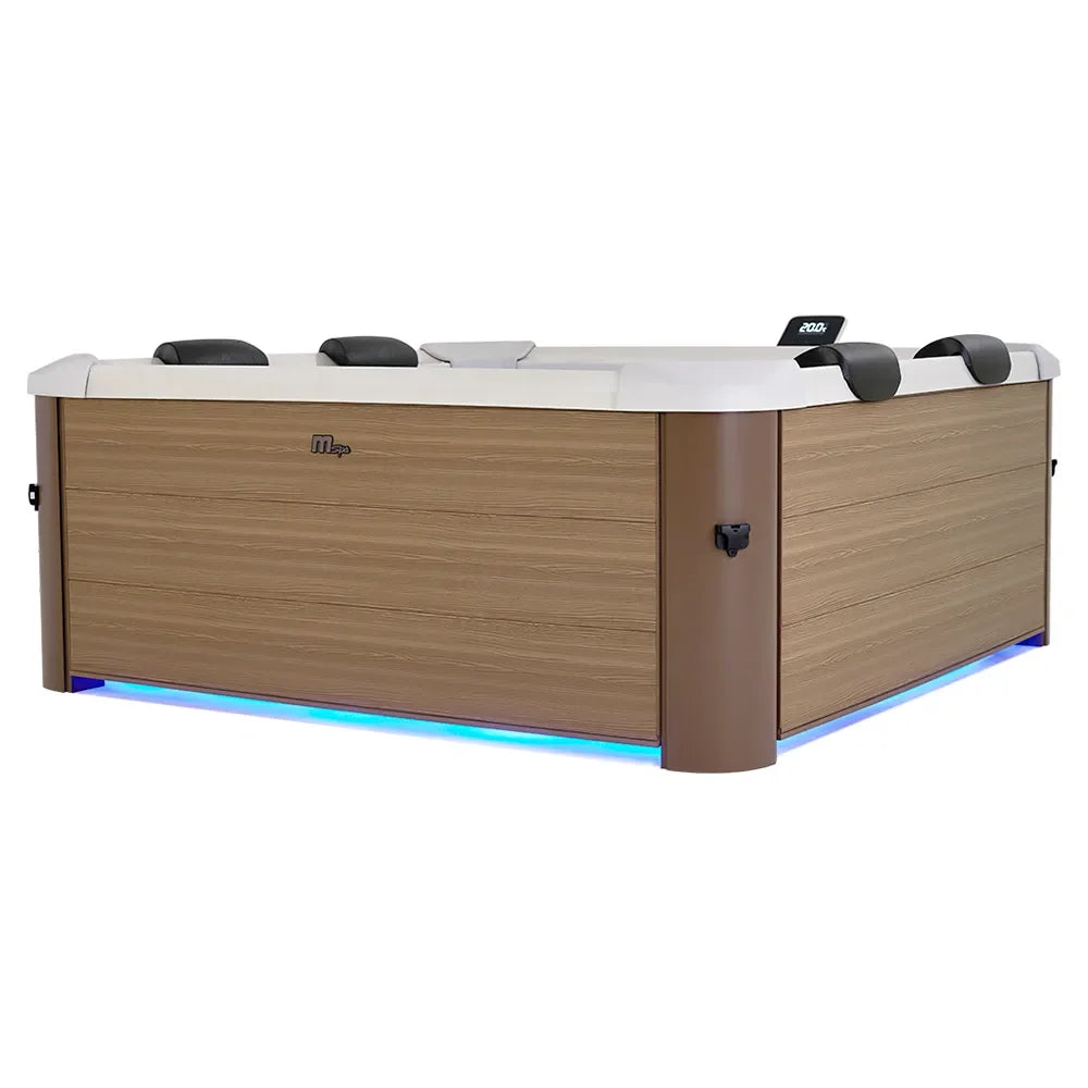 Modern ahşap panel jakuzi, LED alt aydınlatma ve dijital kontrol ekranıyla spa küveti