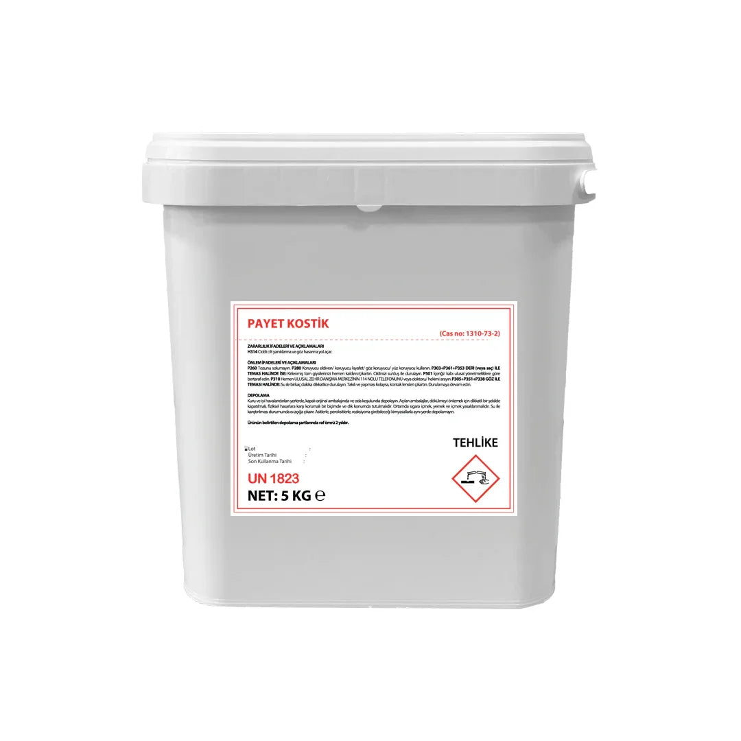 5 kg white plastic container of Payet Kostik chemical with hazard warning label and safety instructions