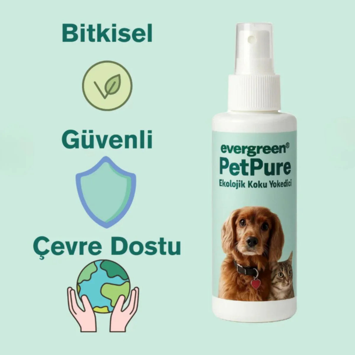 Evergreen PetPure ekolojik koku giderici sprey şişesi yanında bitkisel, güvenli ve çevre dostu simgeleri