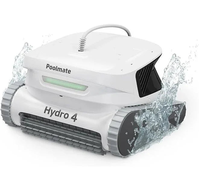 Poolmate Hydro 4 havuz temizleme robotu su sıçratırken beyaz tasarım