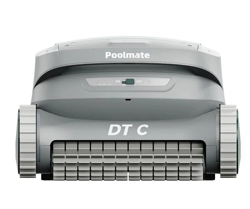 Poolmate DT C gri havuz temizleme robotu, ön görünüm, tekerlekli ve kompakt tasarım