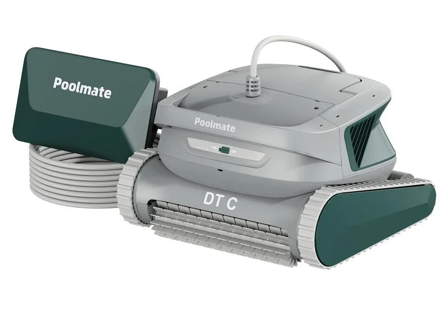 Poolmate DTC kablolu havuz temizleme robotu, gri ve yeşil tasarım, tekerlekli ve fırçalı