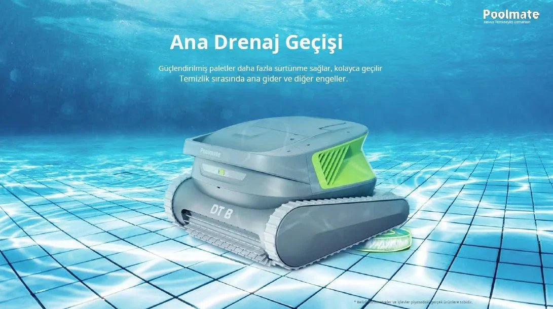 Havuz tabanında ana drenaj geçişini temizleyen kablosuz Poolmate DT B havuz robotu