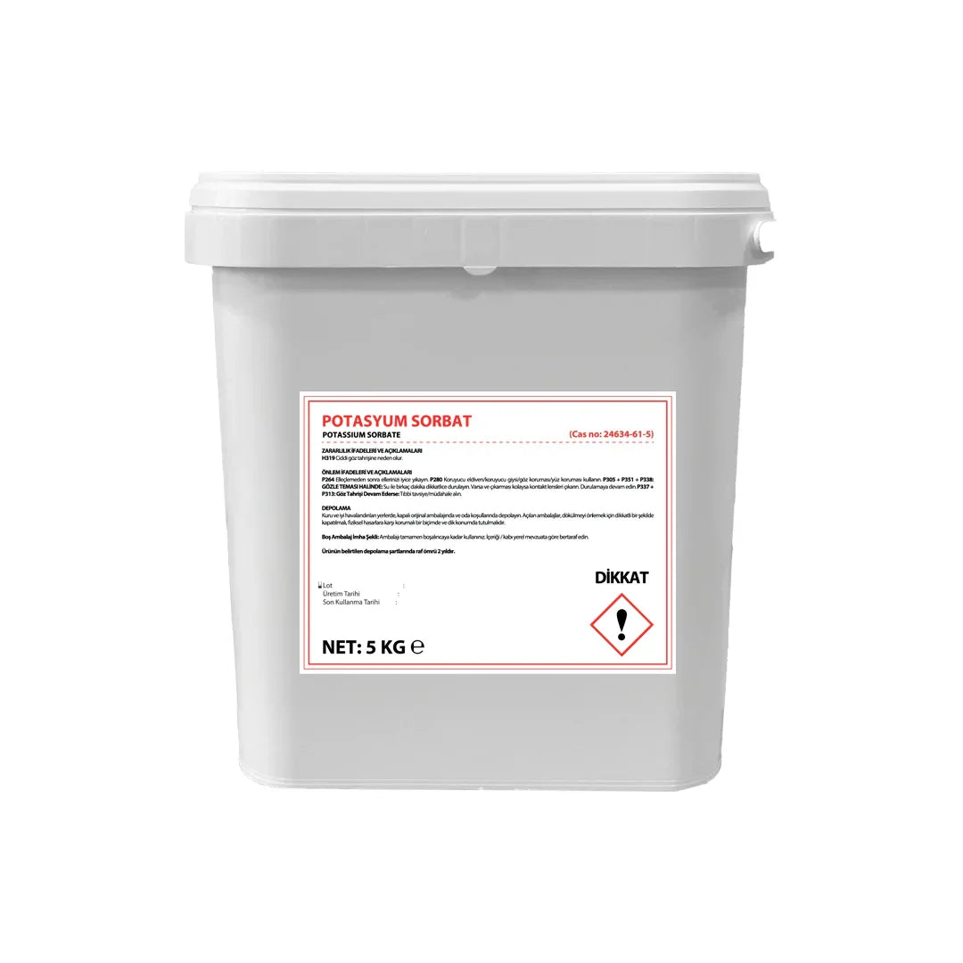 5 kg white plastic bucket of potassium sorbate with red and black label detailing safety and storage information