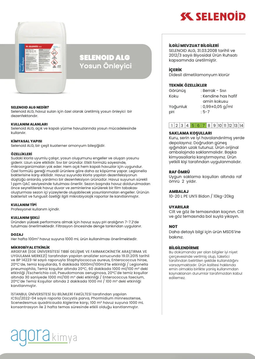 Selenoid ALG yosun önleyici havuz dezenfektanı detaylı teknik ve kullanım bilgileri içerir