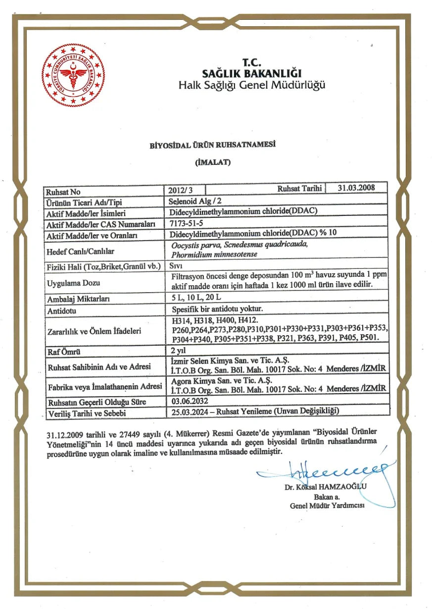 T.C. Sağlık Bakanlığı Biyosidal Ürün Ruhsatnamesi, Selenoid Alg / 2, Didycyldimethylammonium chloride DDAC içeren ürün ruhsat belgesi