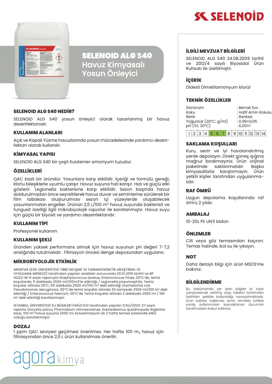 Selenoid ALG S40 havuz kimyasalı yosun önleyici 10-20L plastik bidon ve teknik ürün bilgileri