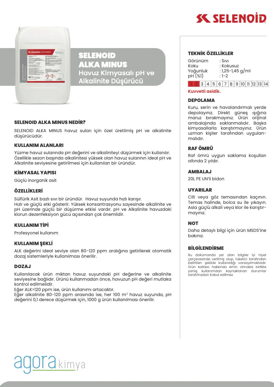 Selenoid Alka Minus pH ve Alkalinite Düşürücü havuz kimyasalı teknik özellikler ve kullanım bilgileri