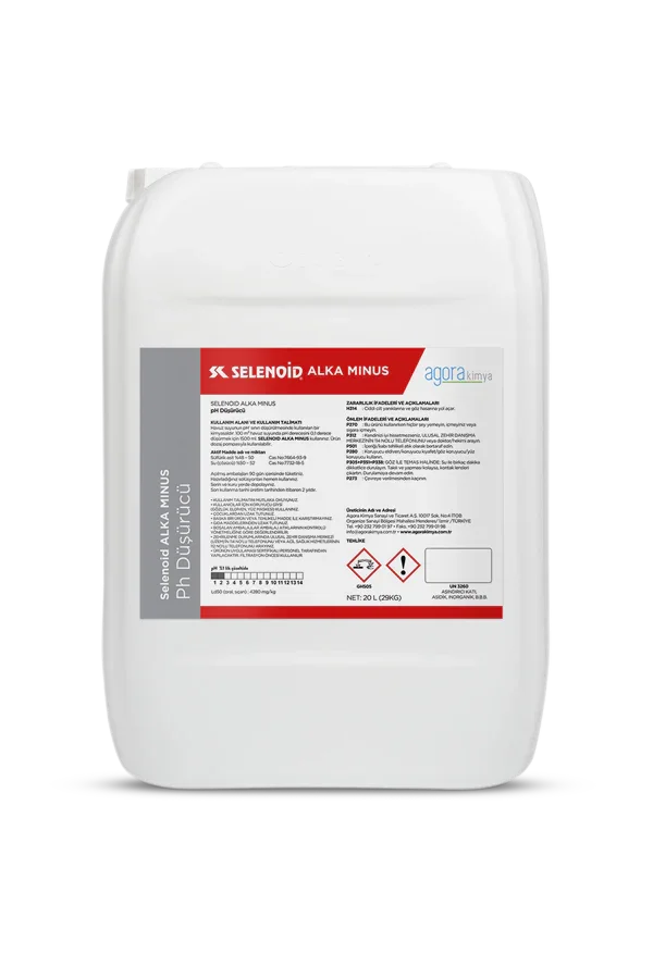 Selenoid Alka Minus pH düşürücü kimyasal ürünü beyaz 20 litrelik plastik bidon
