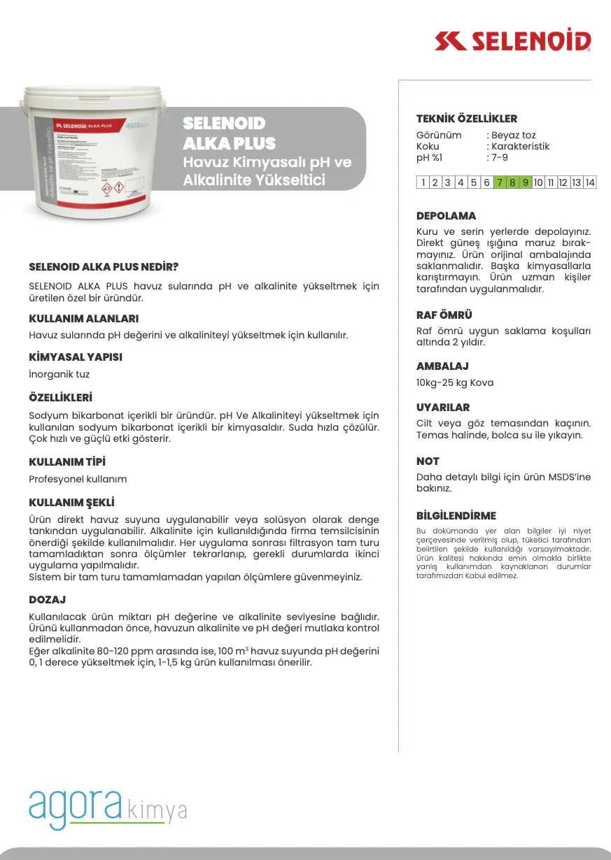 Selenoid Alka Plus havuz kimyasalı beyaz toz, pH ve alkalinite yükseltici, teknik özellikler ve kullanım talimatları