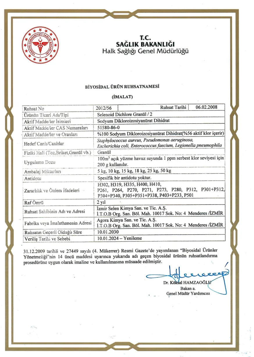 T.C. Sağlık Bakanlığı biyosidal ürün ruhsatnamesi belge örneği, Selenoid Dichlore granül, 10.01.2030 geçerlilik