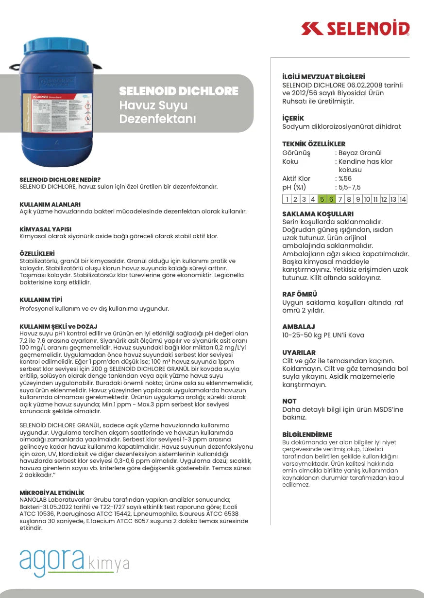 Selenoid Dichlore havuz suyu dezenfektanı granül klor tozu 56% aktif klor, beyaz granül ürün