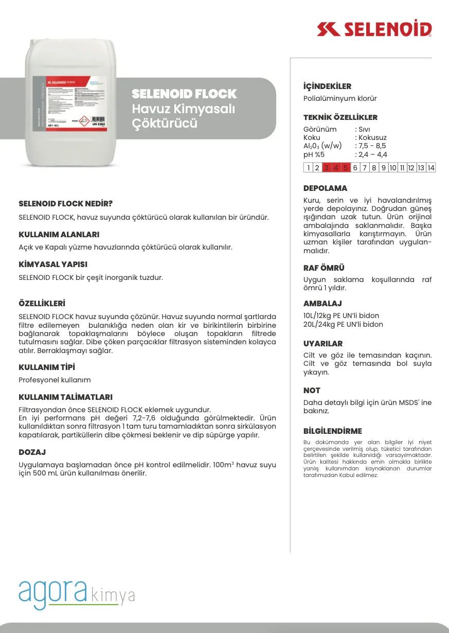 Selenoid Flock havuz kimyasalı çöktürücü 10L bidon, kullanımı ve teknik özellikleri