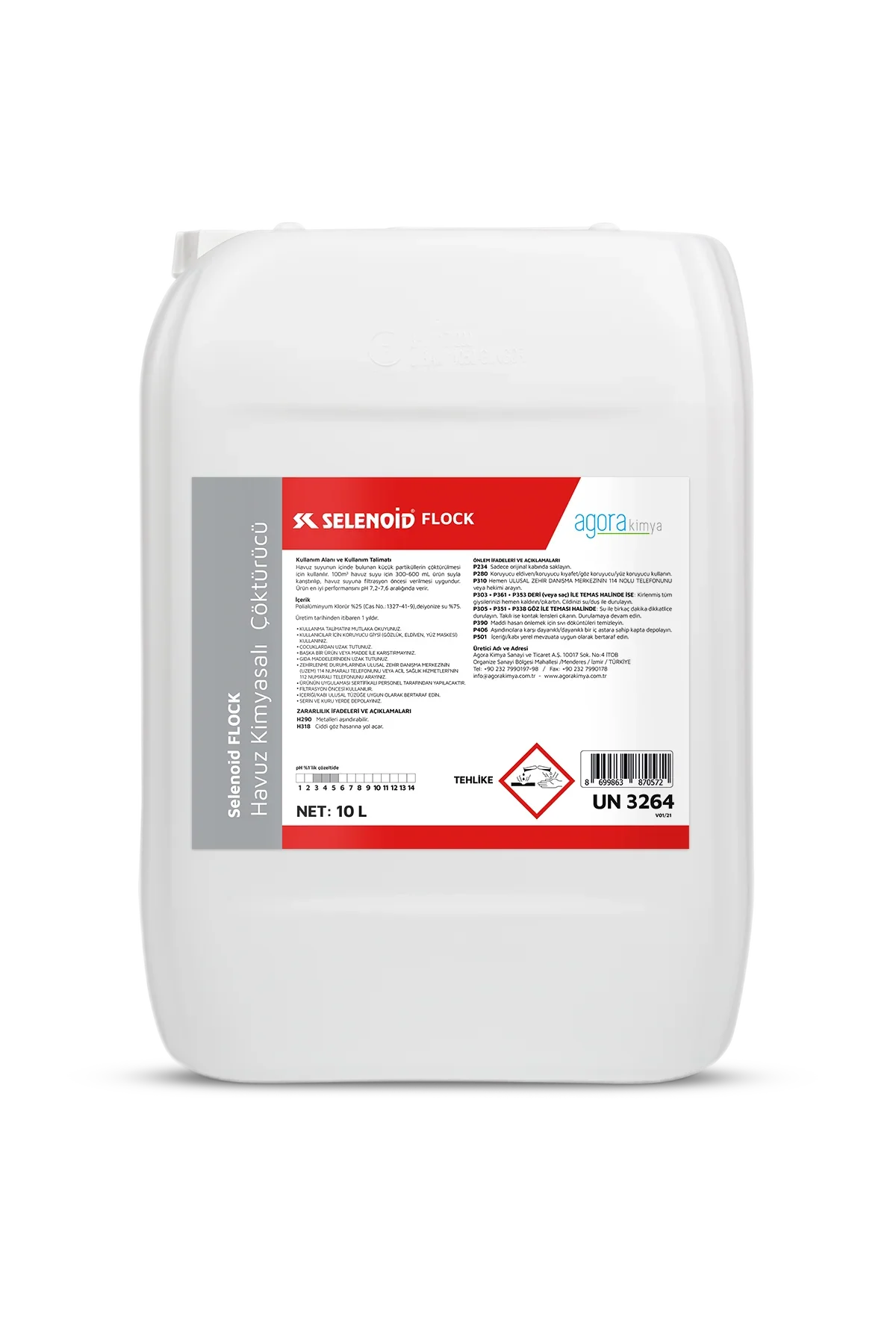 Selenoid Flock havuz kimyasalı 10 litre plastik bidon, kırmızı beyaz etiketli