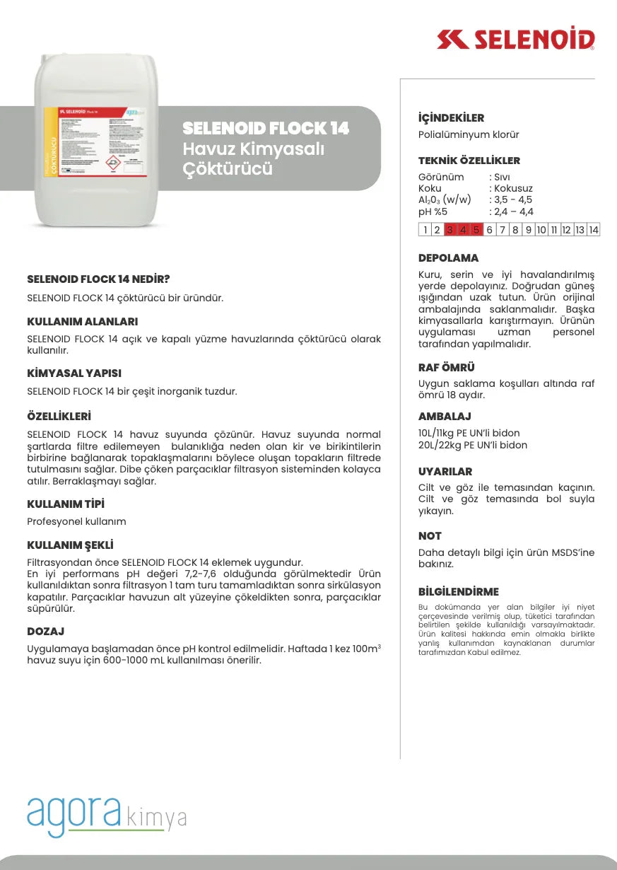 Selenoid Flock 14 havuz kimyasalı çökeltici kanisteri ve teknik özellikler tablosu
