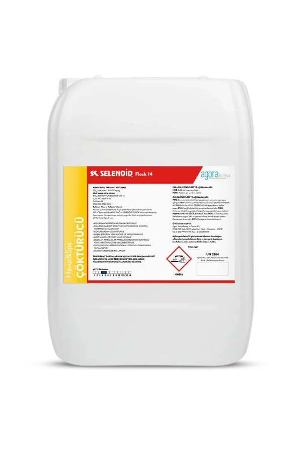 Beyaz plastik bidon içinde Selenoid Flock 14 havuz ve spa için kimyasal çökeltici