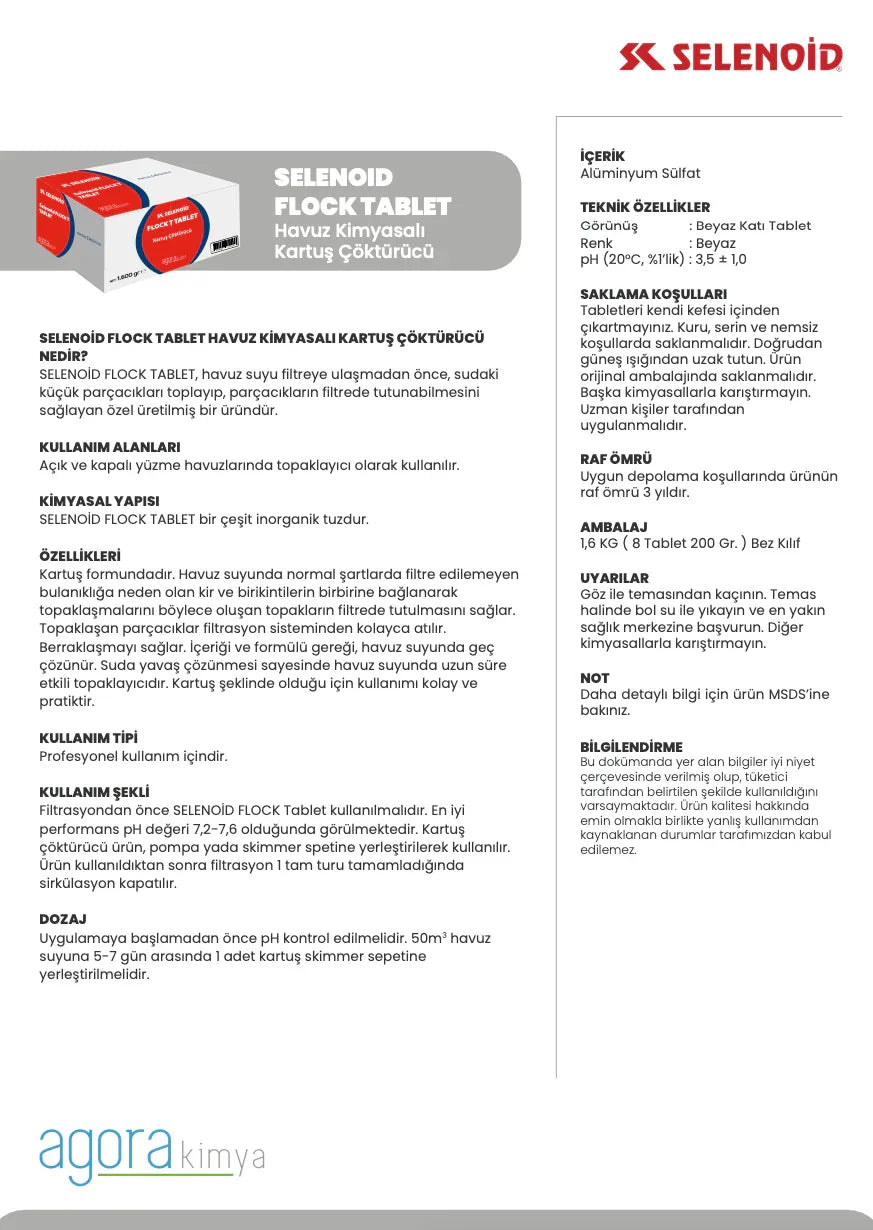 Selenoid Flock Tablet havuz kimyasalı kartuş çöktürücü ürün paketi ve teknik özellikleri