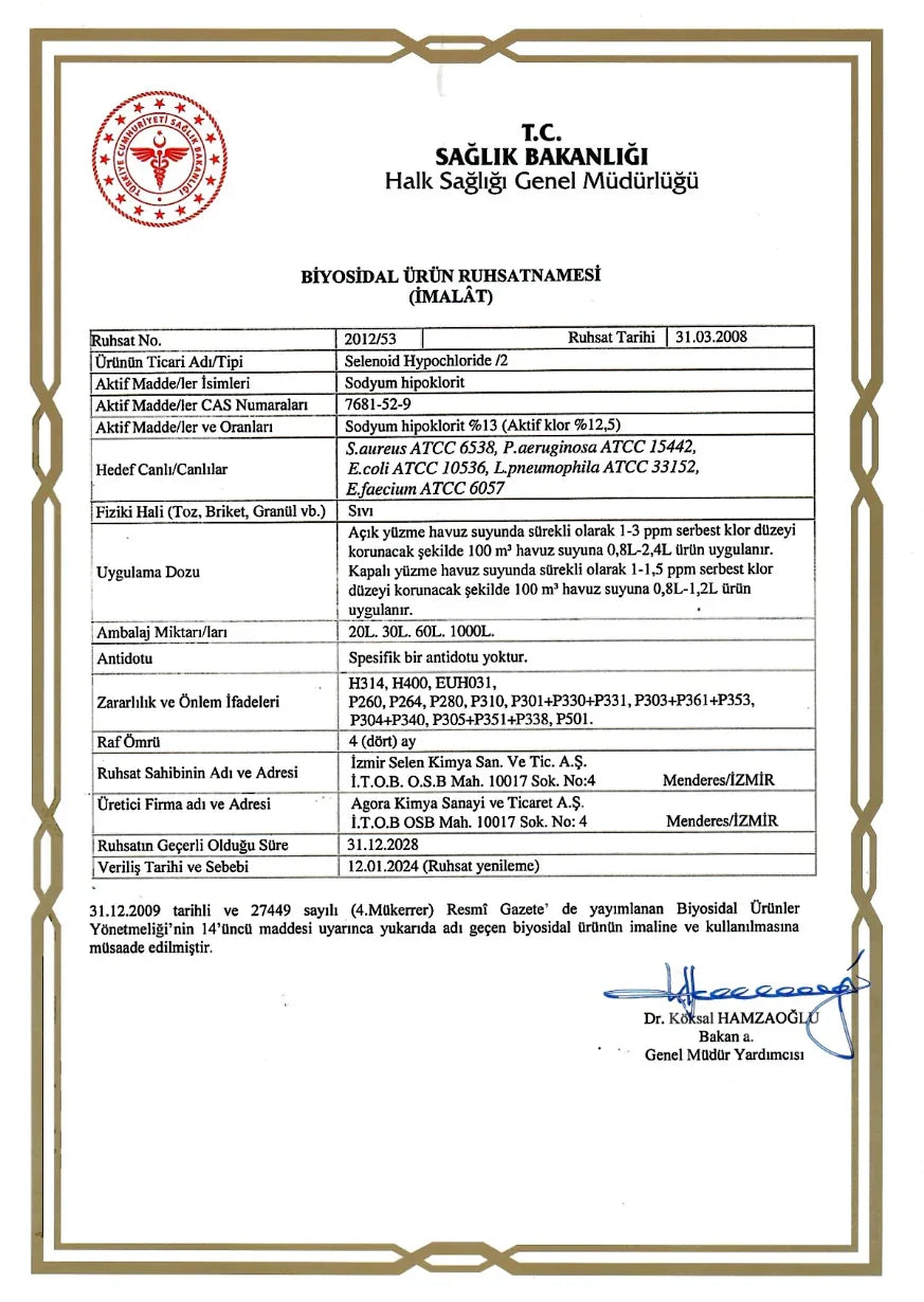 T.C. Sağlık Bakanlığı Selenoid Hipoklorit biyosidal ürün ruhsatnamesi, aktif madde Sodyum hipoklorit, ruhsat tarihi 31.03.2008