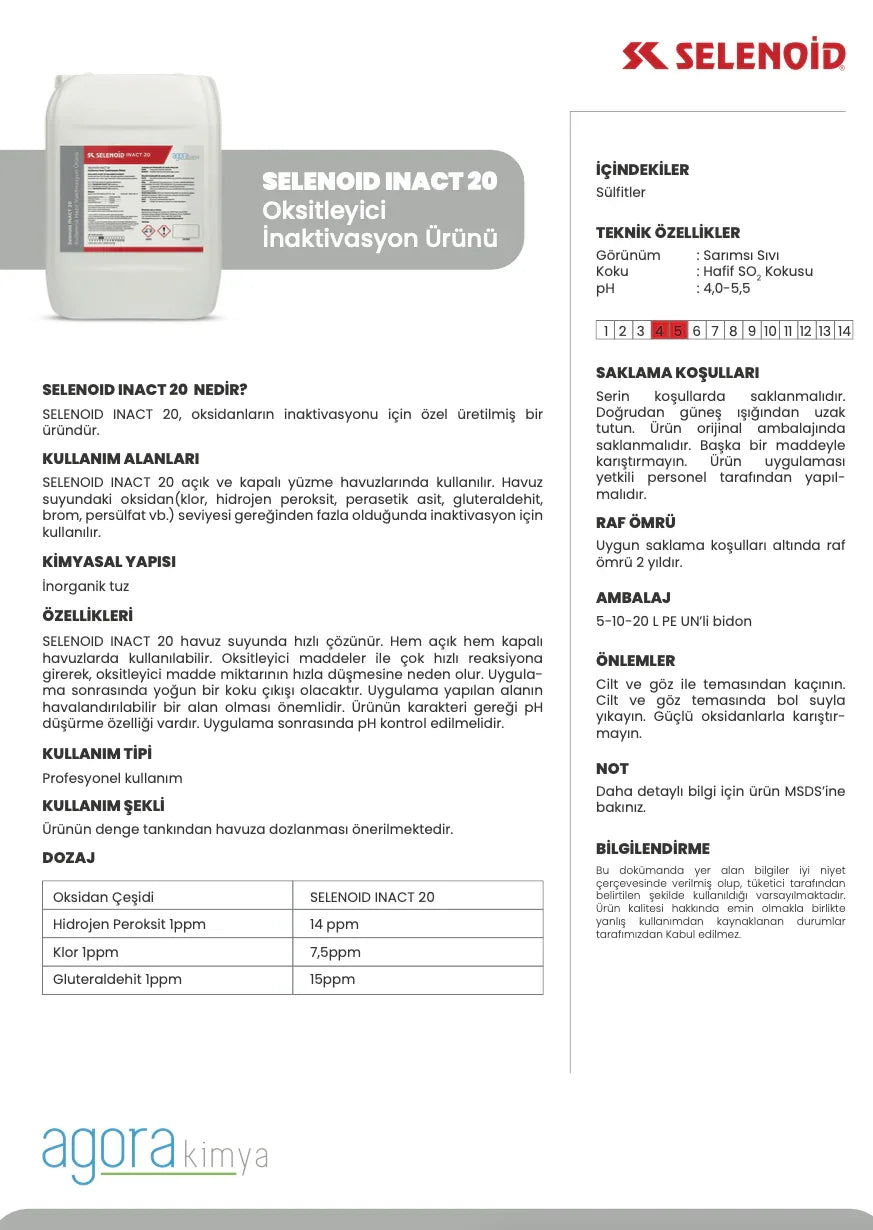Selenoid Inact 20 oksitleyici inaktivasyon ürünü beyaz bidonda, teknik özellikler ve kullanım alanları detaylarıyla