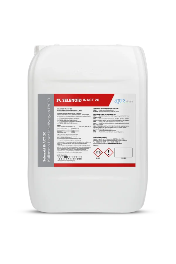 Selenoid INACT 20 kimyasal madde içeren orta boy beyaz plastik bidon