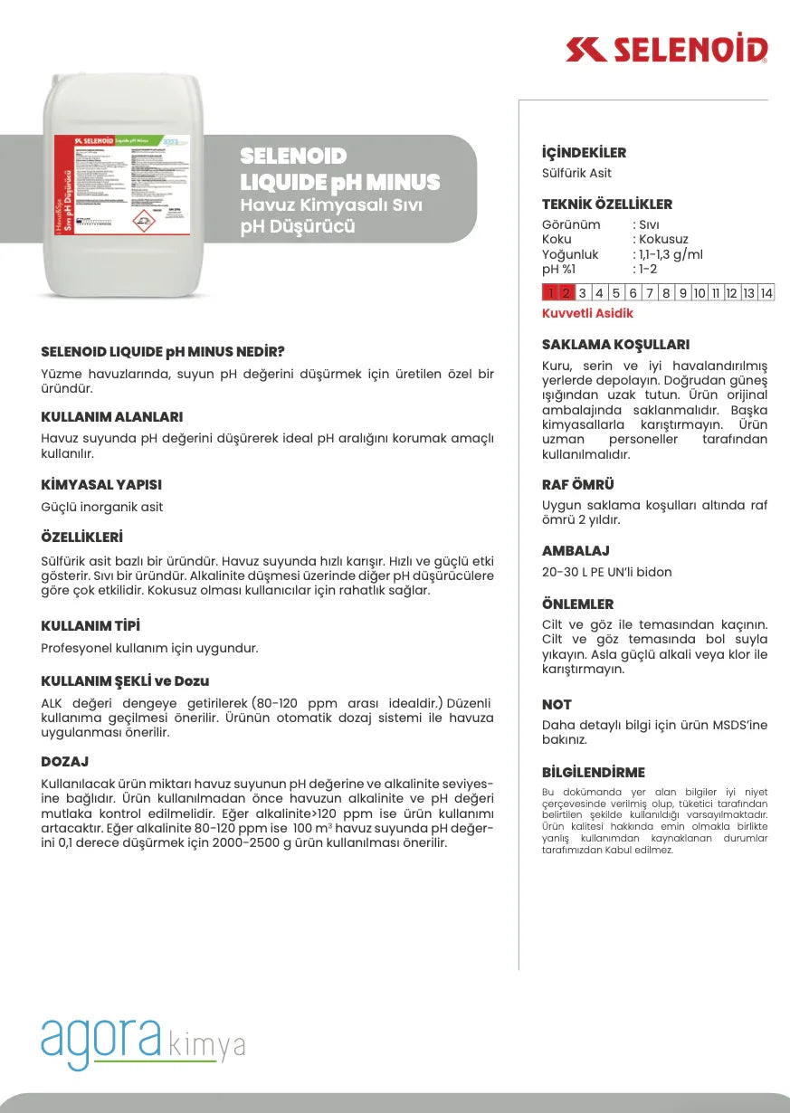 Selenoid Liquide pH Minus havuz kimyasalı sıvı pH düşürücü, sülfürik asit bazlı, kokusuz, 20-30 L bidon