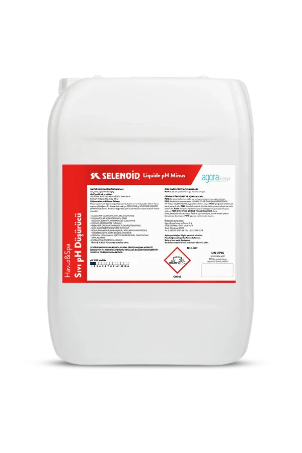 Selenoid marka sıvı pH düşürücü ürün, beyaz plastik bidon, havuz ve spa kimyasalı