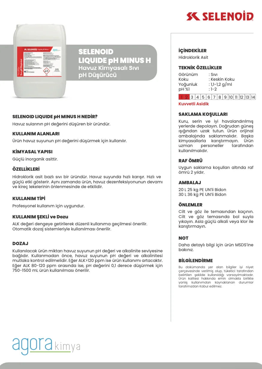 Selenoid Liquide pH Minus H havuz kimyasalı sıvı pH düşürücü ürün tanıtım ve kullanım bilgileri