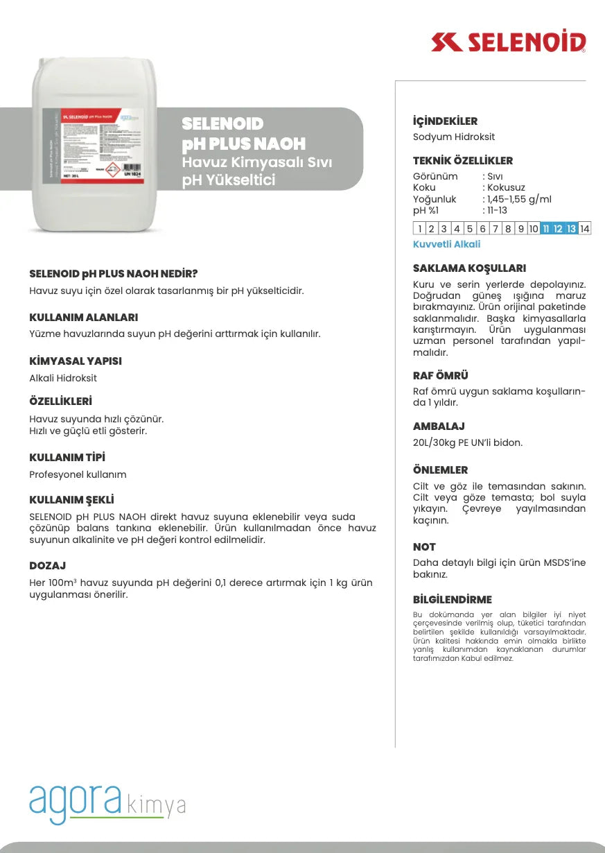 Selenoid pH Plus NaOH sıvı havuz kimyasalı pH yükseltici bidon ve teknik özellikleri