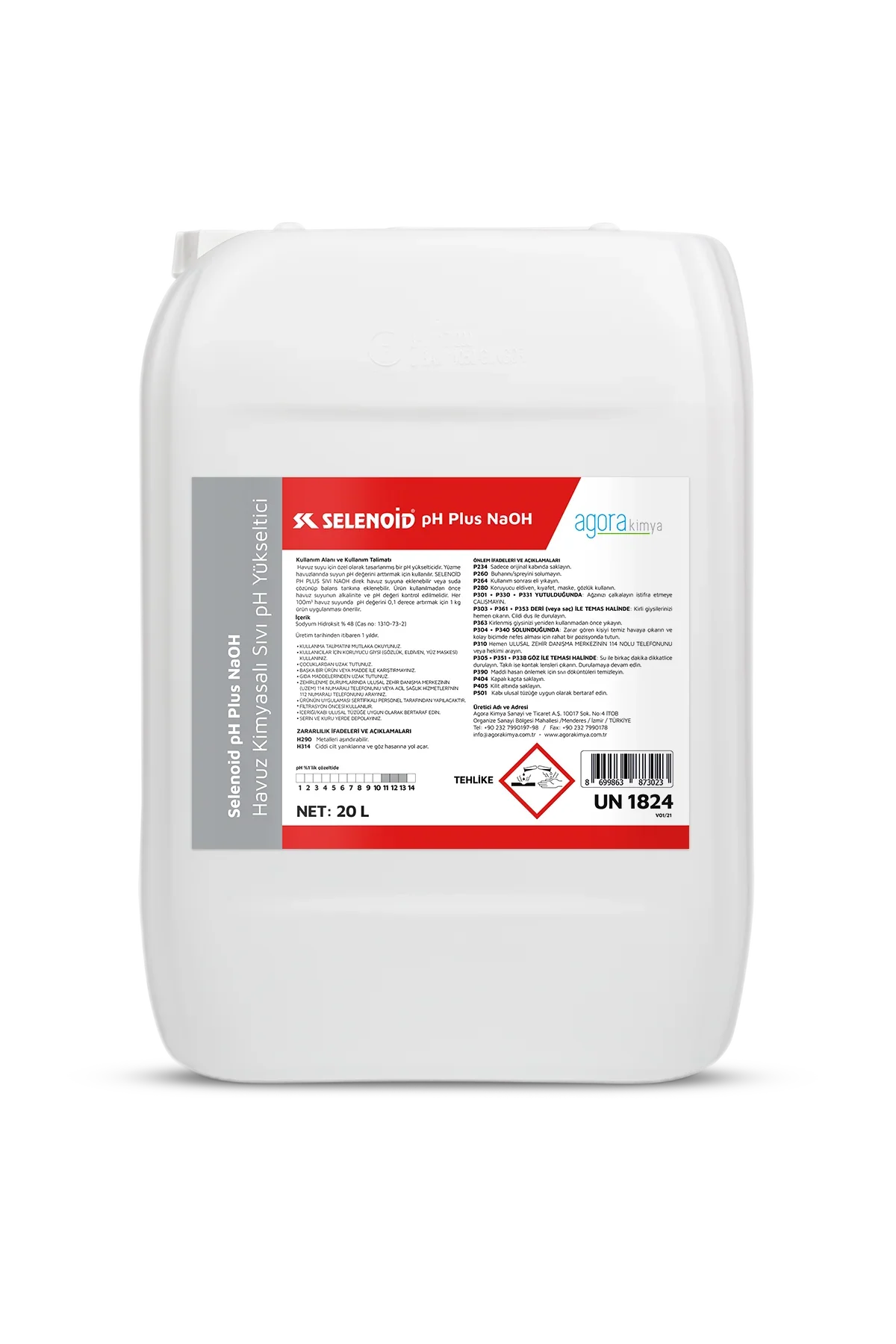 20 litre beyaz plastik bidonda Selenoid pH Plus NaOH havuz kimyasalı, pH yükseltici