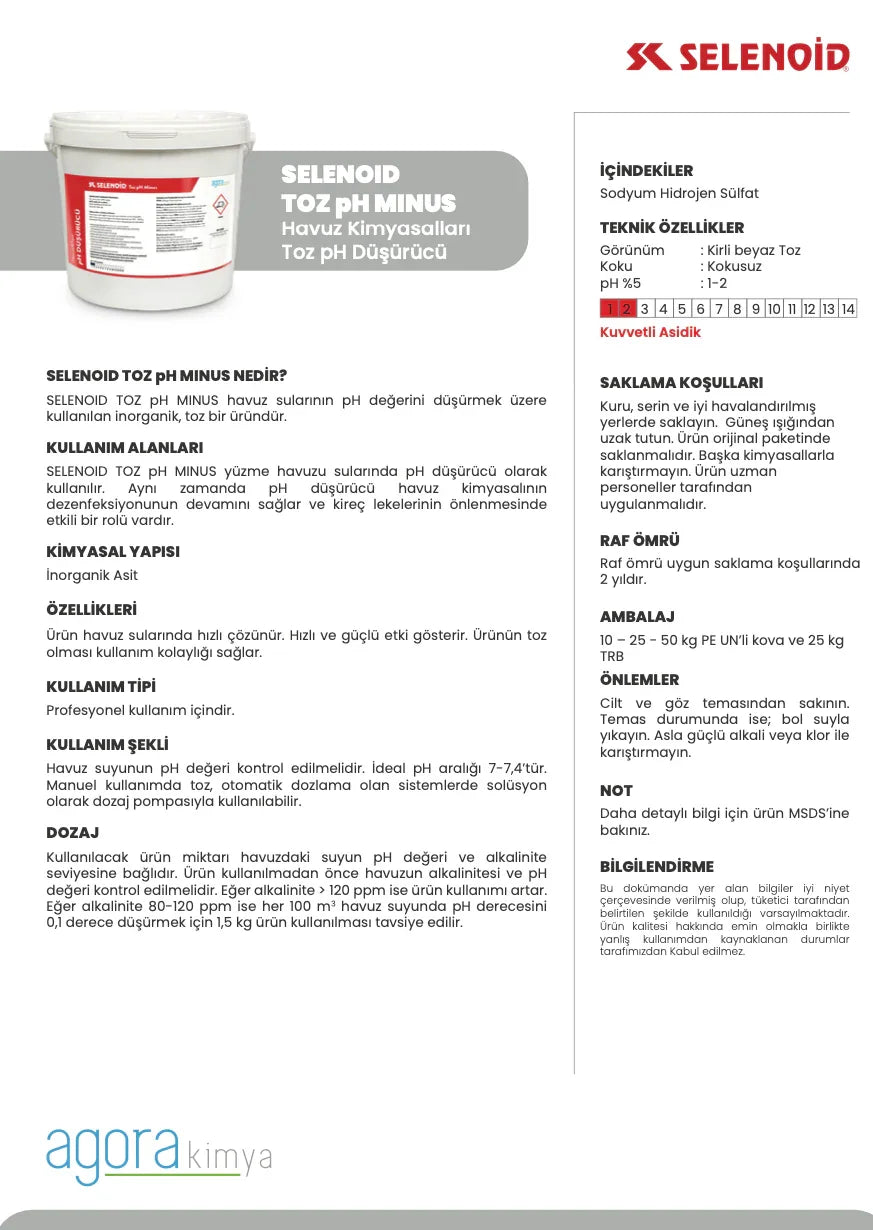 Selenoid Toz pH Minus 25 kg havuz kimyasalları pH düşürücü beyaz toz kutu ve teknik özellikler