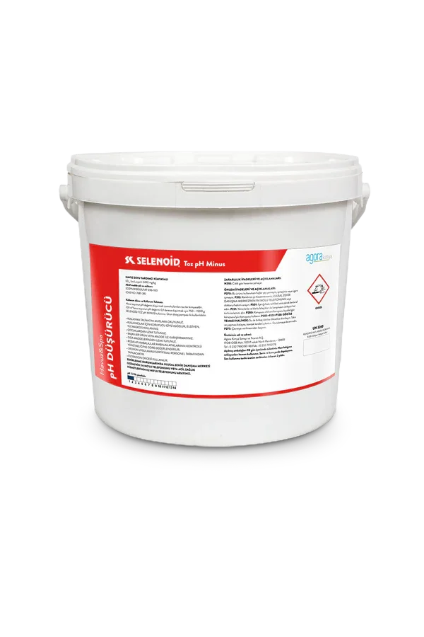 Selenoid marka 25 kg pH düşürücü toz, beyaz plastik kova içinde, kırmızı etiketli kimyasal ürün