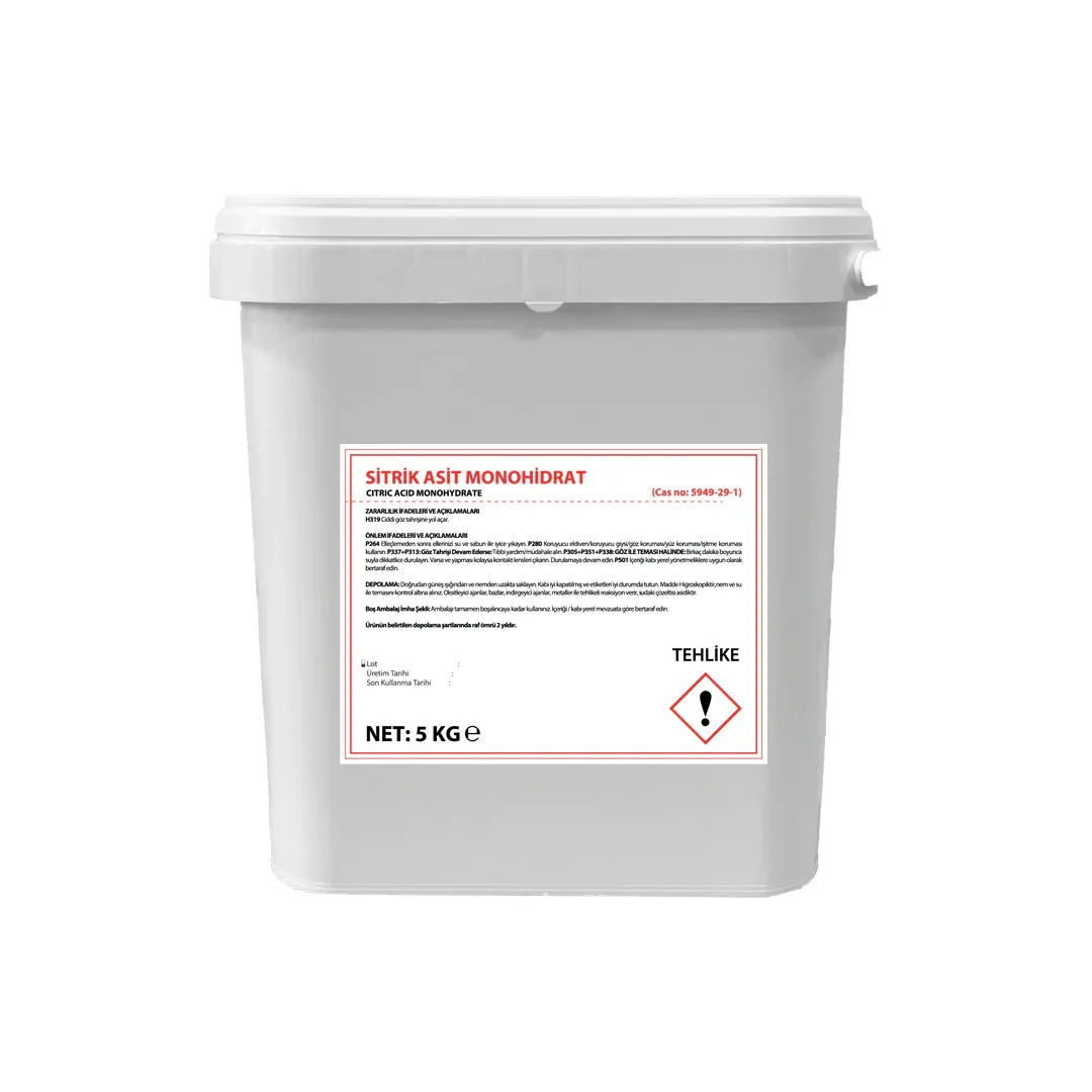 5 kg white plastic container of citric acid monohydrate with hazard warning label